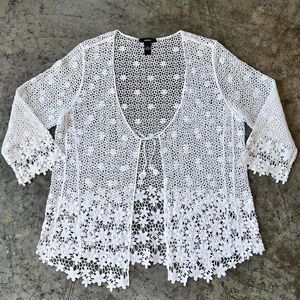 Alfani White Crochet Lace Floral Cardigan XL Boho Coastal Women's Tie Front